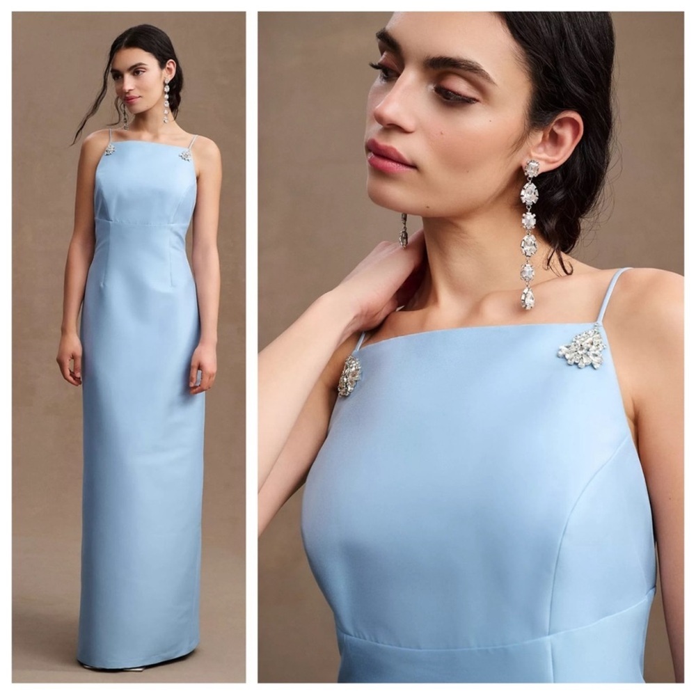Sachin + Babi Light Blue Satin Maxi Dress with Crystal Shoulder Brooches